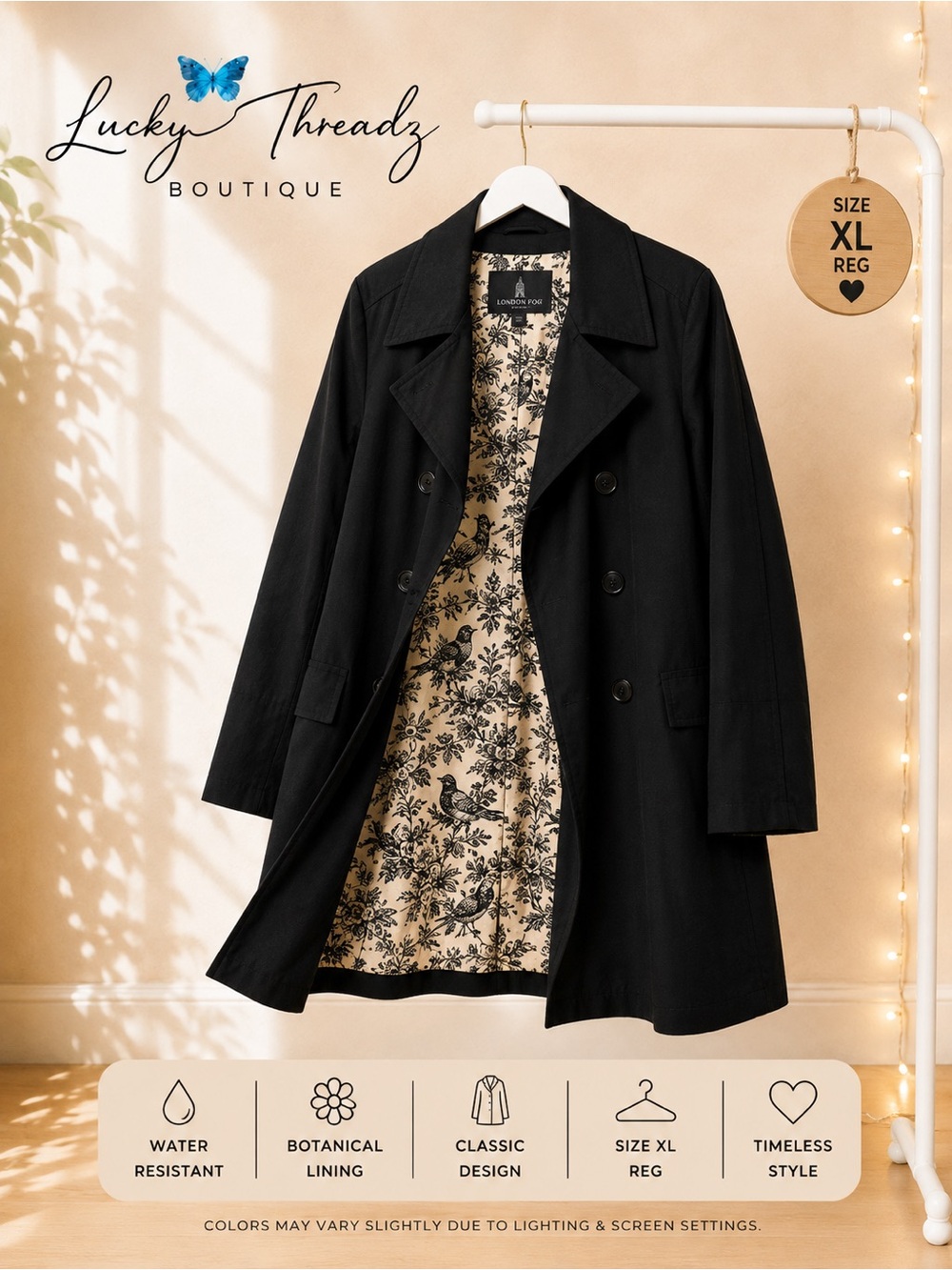 LONDON FOG Black Floral Toile Lined Trench Coat Double Breasted XL Dark Acadamia